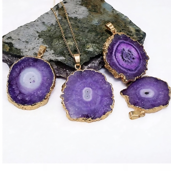 Purple Agate Pendant In Gold Tone Setting Boho - Picture 12 of 14